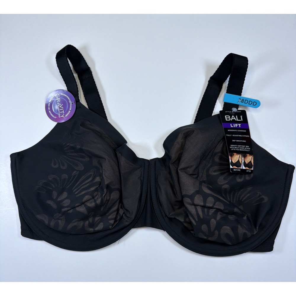 Bali Lift Gravity Defying Bra 38DDD Black Underwire Floral DF6563 Smoothing NEW